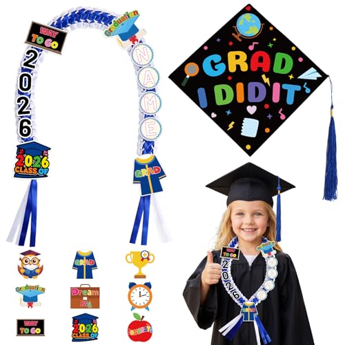 Kindergarten Graduation Leis and Cap Set Class of 2026 Ribbon Braided Necklace Making Kit Preschool Kids Graduation Cap DIY Sticker Craft Congrats Grad Decorations Grad Party Gift for Boys Girls