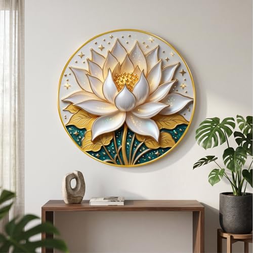 Image of SAF Lotus Flower Wall Painting with Golden PVC Frame Round Floral Wall Art Modern Elegant Decor for Living Room Bedroom Office Spiritual Home Decorative Gift Item (23 x 23 Inch) GR-354