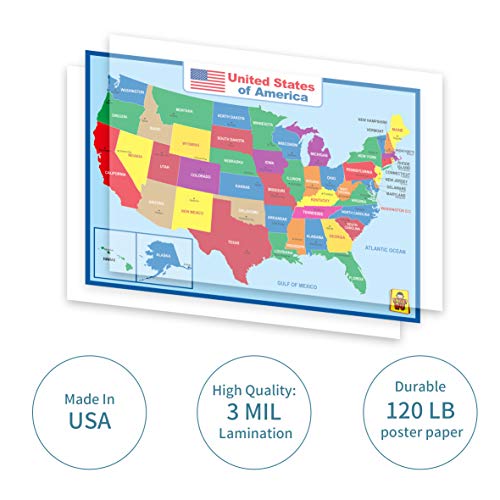 United State Map/World Map Laminated Poster -Double Side Educational Poster For Kids/Adults -18 x 24 inch Waterproof Map For Home Classroom -2 Pack
