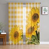 Semi Sheer Curtains 72 inches Long, Rustic Farm Sunflower Yellow Buffalo Plaid Window Treatments Cur