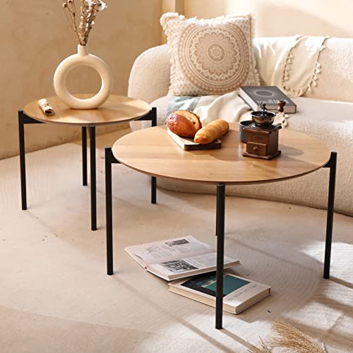 Round Coffee Table Set Of 2，Nesting Side End Tables, Modern Tables For Living Room,Wood Tabletop And Sturdy Metal Frame,Natural Wood Color/Black (Natural) #TOP2