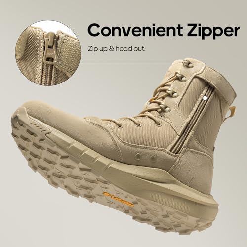 NORTIV 8 Men's Breathable Military Tactical Combat Boots Side Zipper Arch Support Leather Lightweight Motorcycle Work Hiking Boots 8 Inches DesertStorm,Size 11,Sand,NMUMMT2501