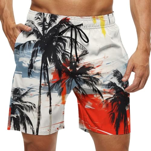 Men's Swim Trunks Fashion Palm Pattern Summer Beach Board Shorts Quick Dry Bathing Suits
