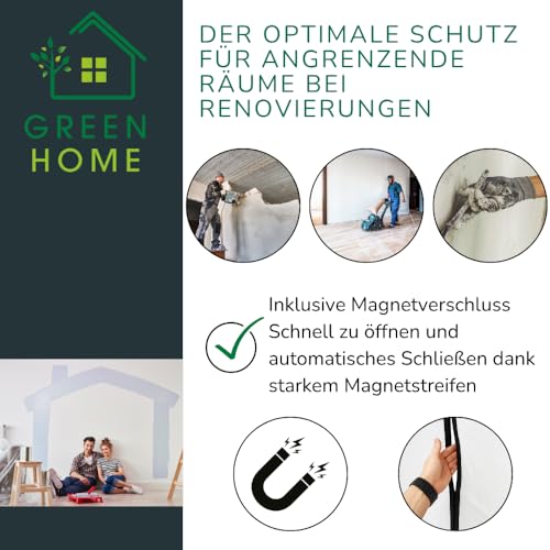 Green Home Staubschutztür Magnet (Vlies) | Bautür mit Magnetverschluss | 1,20 x 2,20 m | Inkl. doppelseitigem Klebeband | Wiederverwendbar, atmungsaktiv, robuster Staubschutz für Renovierung & Umbau