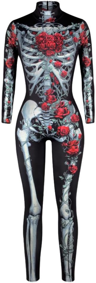 Womens Halloween Costumes Skeleton Costume Jumpsuit Long Sleeve Skinny 3D Print Skull Bodysuit Cosplay Outfit
