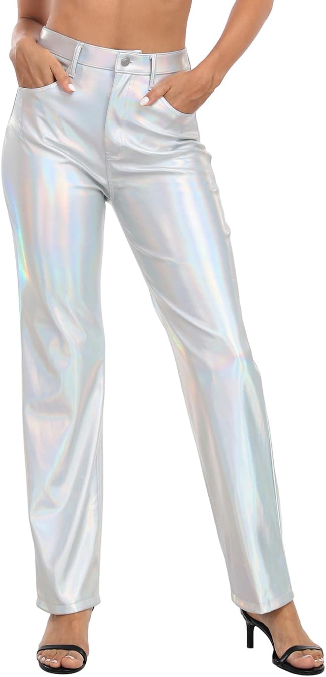 HDE Women's Shiny Metallic Faux Leather Pants High Waisted Straight Leg Trousers - Image 4