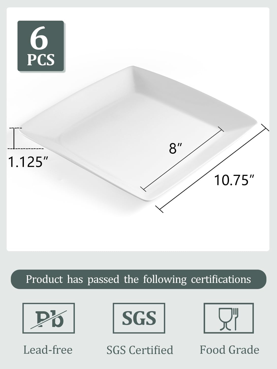 Yedio Porcelain Square Dinner Plates, 10.75 Inch Square Serving Plate for Steak, Pasta, Salad, Snacks, Pizza, Appetizer Plates, Set of 6, White - Image 2