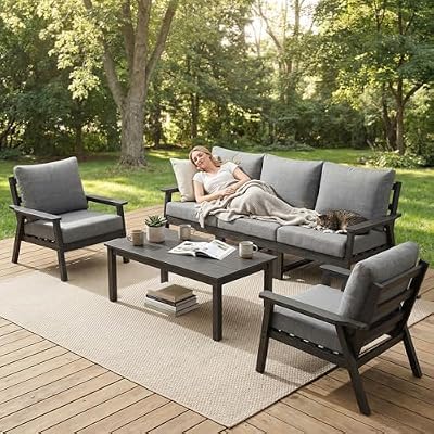 LOUNZY HDPE Patio Furinture Set, 6 Piece Sectional Sofa Outdoor Furniture Set, All Weather Outdoor Couch Set Patio Conversation Set for Deck, Lawn, Black