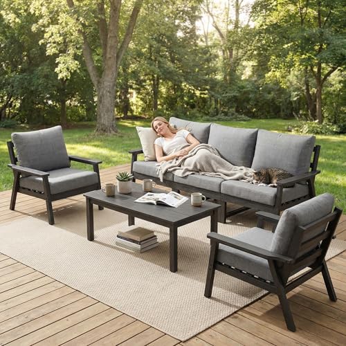 Image of LOUNZY HDPE Patio Furinture Set, 6 Piece Sectional Sofa Outdoor Furniture Set, All Weather Outdoor Couch Set Patio Conversation Set for Deck, Lawn, Black