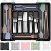 Extra Large Expandable Silverware Organizer, BPA-Free Food-Safe Cutlery Flatware Organizer, Kitchen Utensil Drawer Organizer, Adjustable Silverware Holder for Spoons Forks Knives, Black