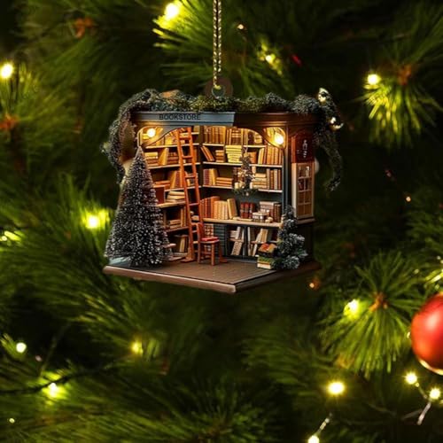 Christmas Bookstore Ornament, Book Lover Christmas Ornament, 2D Flat Acrylic Book Christmas Tree Ornaments, Christmas Book Tree Hanging Decorations for Book Store, Library