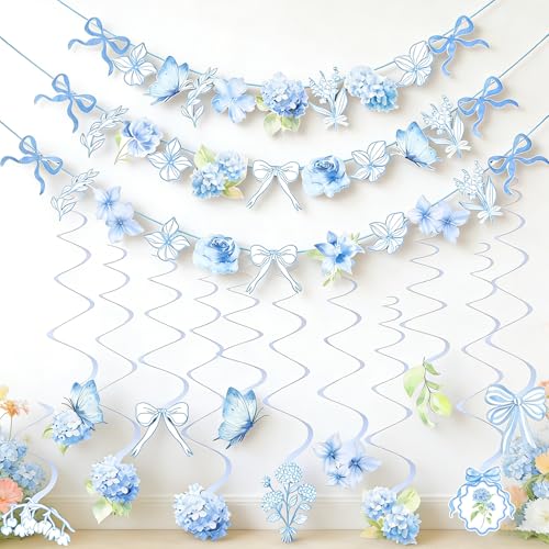 OBBOLO Blue Party Decorations, Blue Hydrangea Flower & Bow Themed Party Decorations, with 3 Pre-strung Flower Banners and 20 Hanging Swirls for Women Girl Birthday, Baby Showers, Bridal Showers, Birthdays, Tea Parties