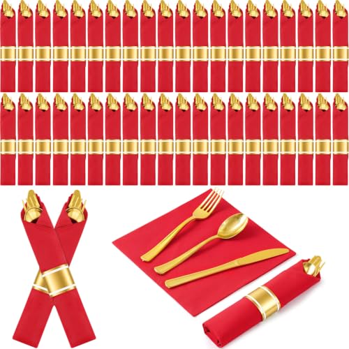 Lasnten 50 Pack Christmas Gold Pre Rolled Plastic Silverware Sets