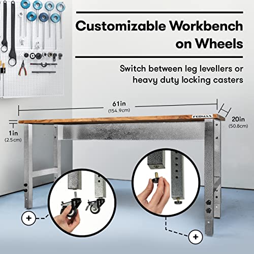 Fedmax Work Bench - 61" Rolling Portable Workbench For Garage - Metal With Acacia Hardwood Top, Adjustable Legs #TOP2