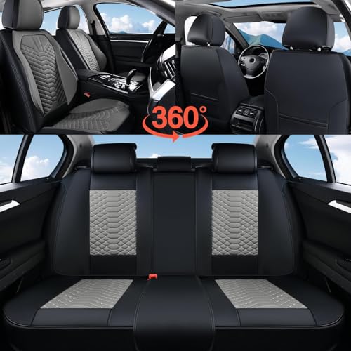 Image of Coverado Seat Covers Full Set, Waterproof Nappa Leather Seat Covers for Cars, 5 Seats Universal Car Seat Protectors, Black and Gray Automotive Seat Covers Car Seat Cushions Fit for Most Cars