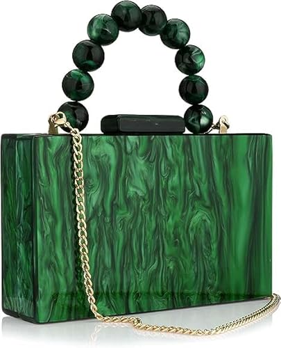 YOUSIS Monederos acrílicos de noche, bolso de mano de mármol para mujer, bolso cruzado con cadena de perlas, formal, boda, fiesta de graduación, verde oscuro, Talla única