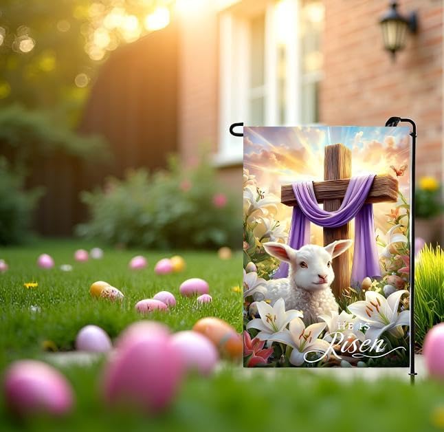 Easter Garden Flags for Outside 12x18 Double Sided, Small Burlap Floral Eggs Lamb Cross He Is Risen Garden Flags Easter Holiday Outdoor Yard Decorations - Image 2