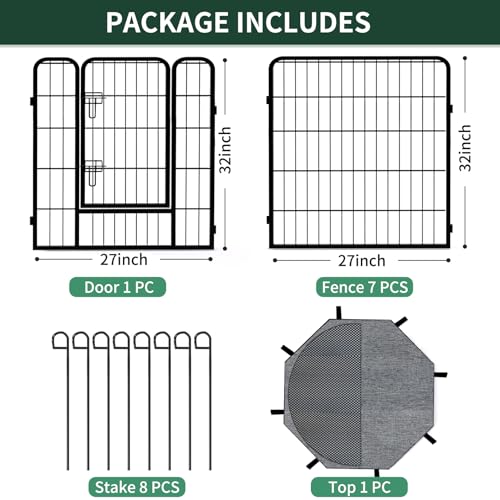 Image of PETIME Dog Playpen,Metal Exercise Puppy Pen Heavy Duty Kennels Yard Fence Indoor /Outdoor 27 inch W x 32 inch H 8 Panels Dog Cage with Octagon Top Cover