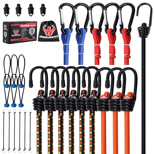 ARMORLOGISTICS Bungee Cords with Hooks, Bungee Cords Heavy Duty Outdoor 30 pcs, 10", 18", 24", 36", 48", 60" Bungee Cord with Carabiner Hooks, Tarp Clips, Ball Bungees, Storage Bag