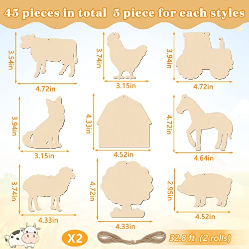 45 Pcs Farm Animals Unpainted Wood Cutout Shapes Unfinished Animal Wooden Ornaments Pig Dog Horse Sheep Cow Unfinished Wood Crafts Blank Wooden Hang Label Tags With Rope For Christmas Party Wall Decor #TOP1
