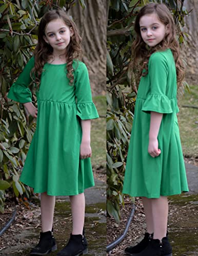 Arshiner Little Girls Formal Dresses Emerald Green 3/4 Bell Sleeve Spring Summer Twirly Stretch Shirt Dress For 6-7Years #TOP3