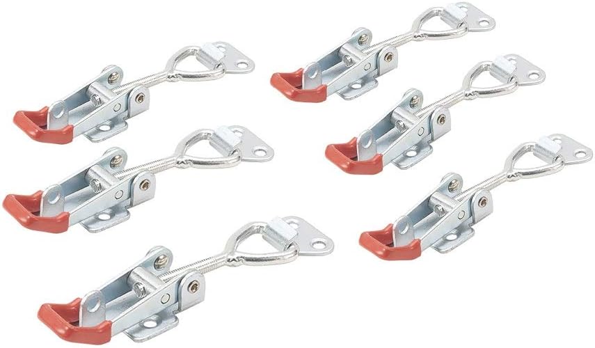DK057 Adjustable Pull Latches Lock Nickel-Plated Iron Hardware Fitting Lock Hasp Latch Catch Clamp for Cabinets Case Box Trunk Catches Silver Red 2.48 inch Length 6Pcs
