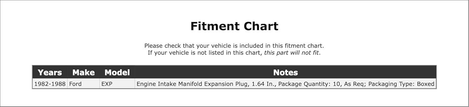 Engine Intake Manifold Expansion Plug Compatible With Ford EXP 1988 1987 1986 1985 1984 1983 1982 P-1499261