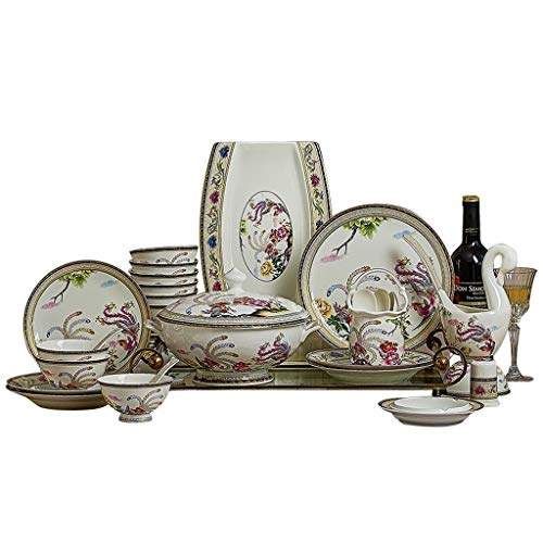 Dinnerware Set, 50 Pieces Retro Luxurious Ceramics Plates and Bowls Sets - Bone China Dinner Set with Stock Pot for Restaurant and Wedding Gifts