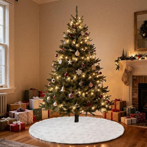 Weihnachtsbaumdecke 90 cm,Weihnachtsbaum Rock,Weihnachtsbaumdecke Rund Weiß mit Schneeflockenmuster,Tannenbaum Decke mit Schneeflocke für Frohe Weihnachten Party Decke Rock Dekorationen(35,4Zoll)