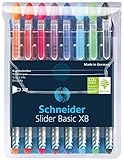 Schneider Slider Basic XB (Extra Broad) Ballpoint Pen, 1.4 mm, Transparent Barrel, Assorted Ink Colors, Pack of 8 Pens (151298)
