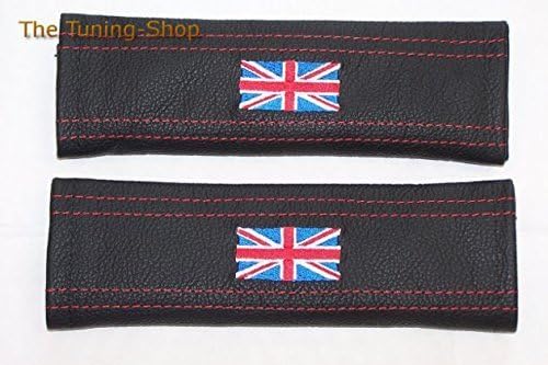 Ltd Seat Belt Covers Pads X2 Shoulder Leather Red Stitch Embroidery Union Jack UK Flag 22Cm X 6Cm