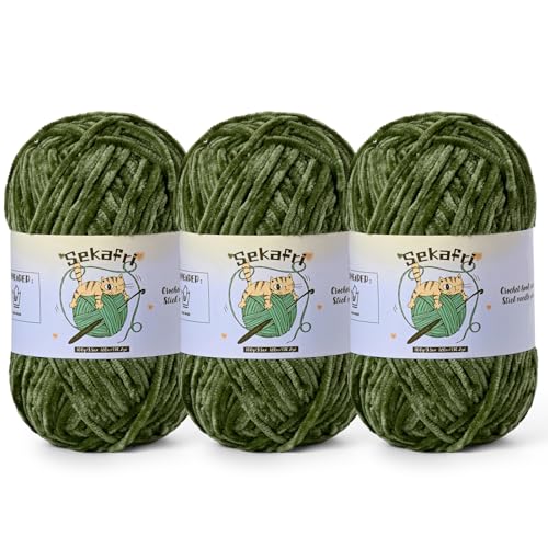 Image of 3 Pack of 300g (590yds) Fuzzy Chenille Yarn for Crocheting,Fluffy Amigurumi Crochet Yarn for DIY Craft /Hat /Clothes, Soft Velvet Baby Blanket Yarns(3 Army Green)