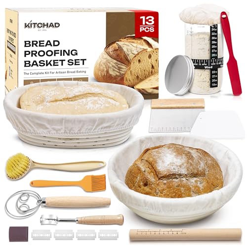 KITCHAD Kit de iniciación de masa madre de 13 piezas, tarro de vidrio de 24 onzas con termómetro, redondo de 9 pulgadas y 10 pulgadas, cestas de pan ovaladas a prueba de Banneton, suministros para