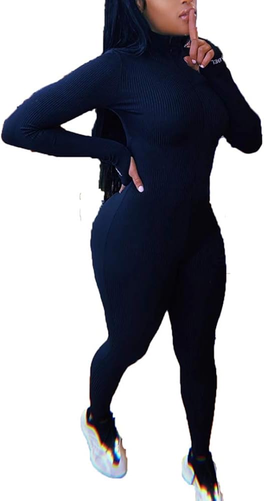 ECHOINE Womens One Piece Bodycon Jumpsuit -Sexy Long Sleeve High Waist Embroidery Zipper Romper Clubwear
