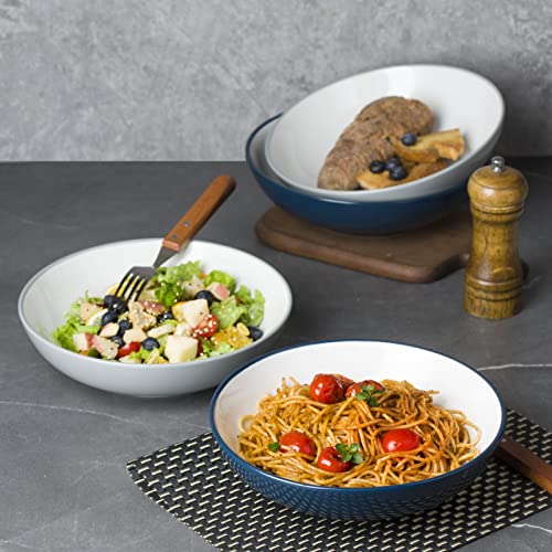 Gbhome 8.75'' Large Pasta Bowls Set Of 4, 42Oz Stoneware Deep Salad Pasta Bowls For Kitchen, Chip-Resistant Bowls Set For Salad Pasta Meal, Microwave And Dishwasher Safe, White-Cobalt #TOP4