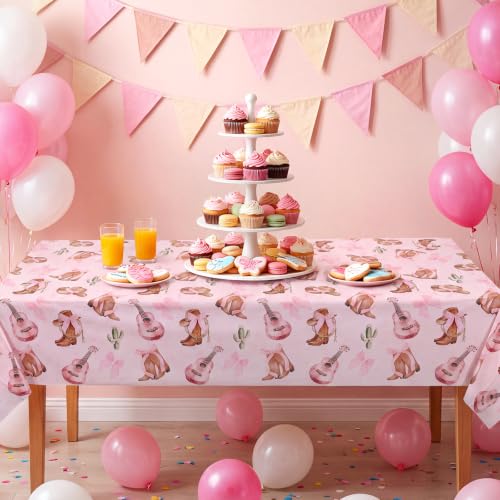 Image of 3 Pack Coquette Bow Cowgirl Tablecloths, Cowgirl Birthday Party Supplies | Boots and Bows Tables Cover Disposable Cowgirl Table Cloth for Girls Western Rodeo Birthday Bachelorette Party 54 X 108Inch