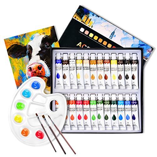 ATMOKO Set de Peinture Acrylique 29 PCS,Tubes de Peinture de 24 Couleurs pourToile,Bois, Céramique,Tissu,3 Pinceaux,1Palette de Couleurs,1Toile,Non Toxiques pour Débutants ou Professionnels