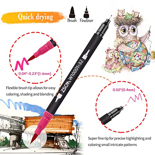 Zscm 32 Colors Duo Tip Brush Markers Art Pen Set, Artist Fine And Brush Tip Colored Pens, For Kids Adult Coloring Books Christmas Cards Drawing, Note Taking Lettering Calligraphy Bullet Journaling #TOP1