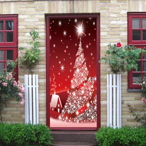 Adesivi per Porte Albero di Natale Adesivi per Porte Interne Autoadesivo Rosso Adesivo Porta Fotomurali Autoadesiva Poster Murale per Soggiorno Camera da letto Decorazione 77 x 200 cm C1115