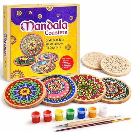 Image of Mind Pilot Mandala Coaster Painting Kit for Kids & Adults | DIY Mandala Art & Craft Kit with Pre-Marked MDF Coasters, 12 Vibrant colours & Brushes | Creative Hobby Activity, Home Decor & Birthday Gift for Girls Boys