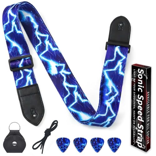 suiyuanbimai Guitar Strap,Bass Guitar Straps With Leather Pick Box and 4 PCS Picks for Acoustic,Classical,Electric(Blue Lightning