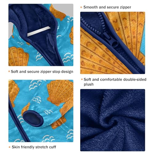 Seashell Pattern on Blue Toddler Fleece Jacket Girl Boys Hooded Fleece Jacket Coat Warm Outwear Zip-up 3-10T3