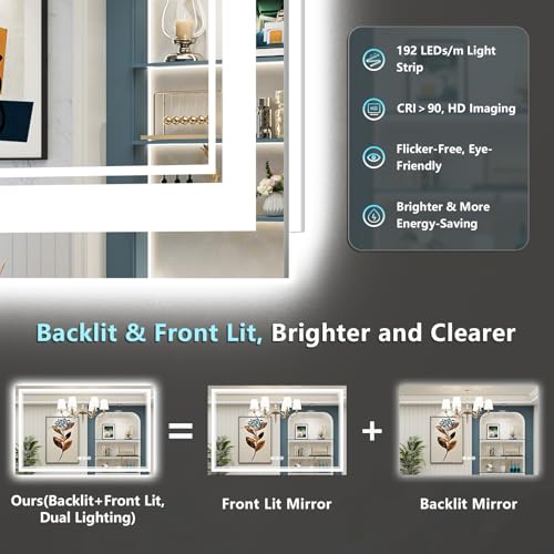 Image of 55x36 LED Bathroom Mirror with Lights, Backlit and Front Lit Anti-Fog Lighted Vanity Mirrors for Bathroom Wall, Dimmable, 3-Color Light, Memory, Shatter-Proof, HD Tempered Glass, CRI>90