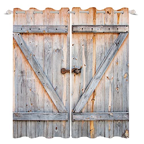 DORCEV Closed Wooden Door Window Curtains Rustic Vintage Barn Door Kitchen Curtains Countryside Farmhouse Old Wood Planks Light Blocking Bedroom Drapery Treatments with Grommets,26x63 inch,2 Panels
