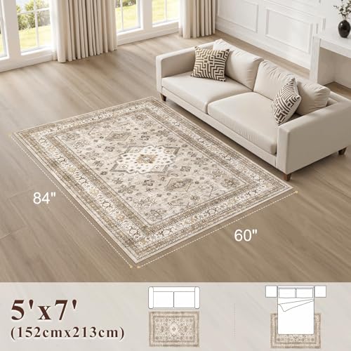 Vintage Living Room Area Rug 5x7 - Large Soft Washable Oriental Traditional Distressed Farmhouse Rugs for Bedroom - Indoor Floor Accent Carpet for Home Office House Decor - Beige — view 2