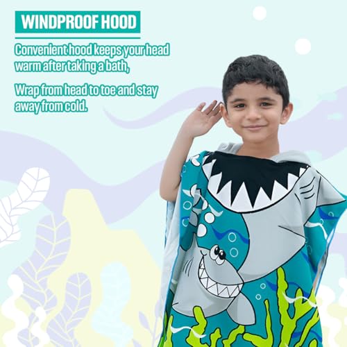 Image of TONY STARK Poncho Towel for Kids, Beach Towel with Hoodie, 60x60cm Travel Towel for 1-7 Years Girls and Boys, Soft Microfiber Sleeved Poncho (Jawsome Shark)