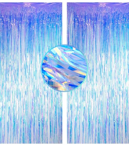 Sharonlily Gorgeous Holographic Iridescent Fringe Curtains, 2 Pack of 3.3 x 8.2ft Tinsel Backdrop Streamer, Sturdy Foil Door Curtain for Christmas Birthday Party Decorations