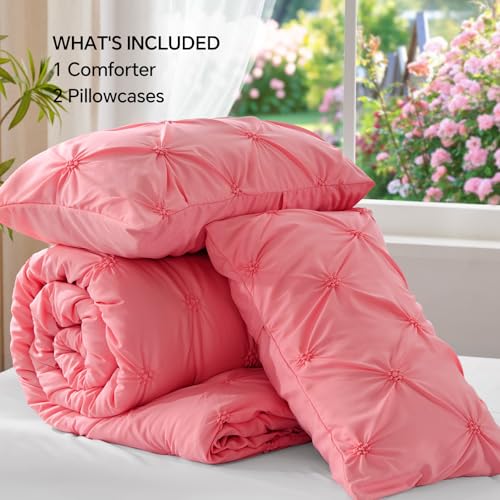 Image of BEDELITE King Comforter Set Strawberry Pink,Lightweight & Soft Comforter | Pintuck Boho Bedding, Warm & Cute Bed Set for All Season,With 2 Pillowcases
