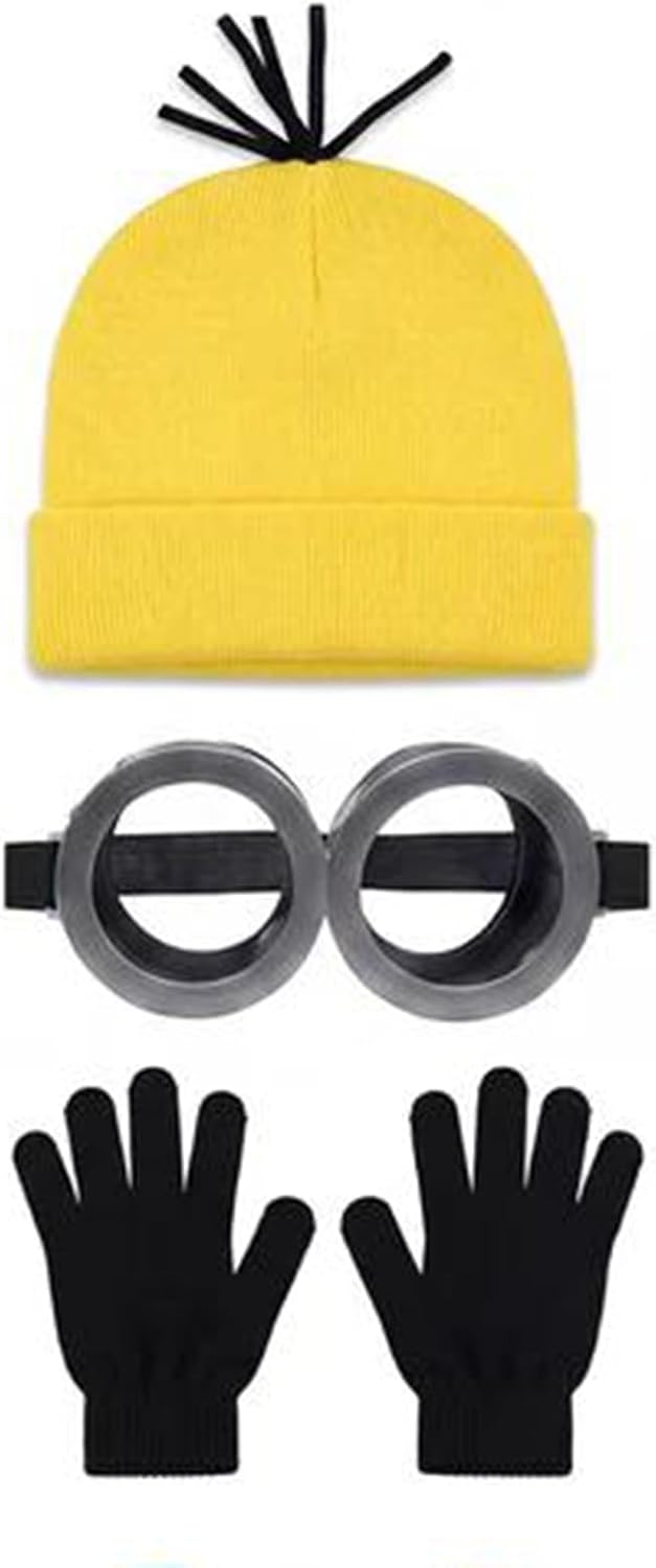 Halloween Costume Accessories Adult Yellow Beanie Hats Goggles Glasses Gloves Suspenders for Men Women for Party