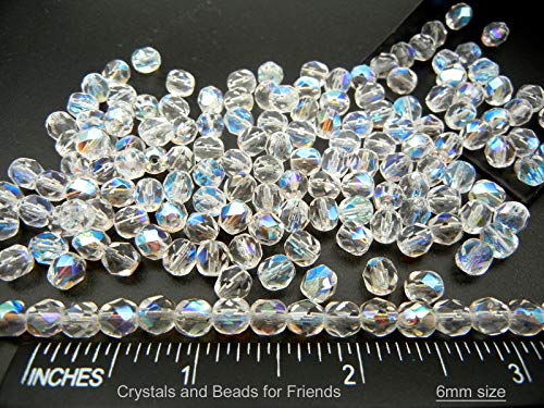 6Mm (204) Crystal Ab, 3X16In Strands, Czech Fire Polished Round Faceted Glass Beads #TOP6